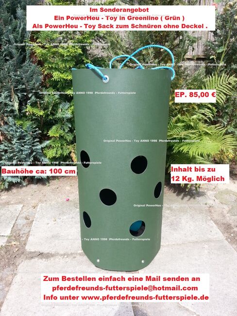 Heunetz, Futterraufe, Rau-futter ,PowerHeu-Toy , PowerToy, PowerHeu-Toy  / PowerToy Greenline in der Größe XL bis 12 Kg. Als Sack ohne Deckel zum Schnüren., Pferdefreunds-Futterspiele ( Thorsten Puhlmann )  (Pferdefreunds-Futterspiele ORIGINAL PowerToy / PowerHeu-Toy Anno 1998), Hay & Straw, Hitzacker 