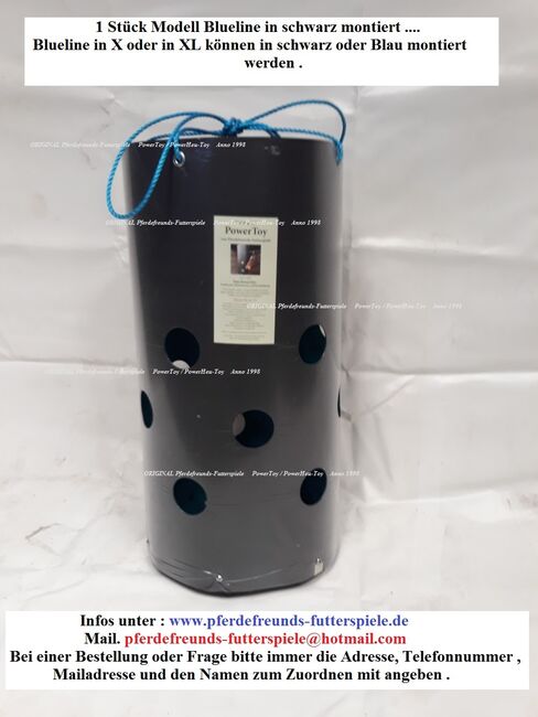 HayBag , Hay Slowfeeder ,Heunetz Alternative ., ORIGINAL PowerToy / PowerHeu-Toy  Modell Blueline in Blau oder Schwarz montierbar . Größe X 6 bis 8 kg., Pferdefreunds-Futterspiele ( Thorsten Puhlmann )  (Pferdefreunds-Futterspiele ORIGINAL PowerToy Anno 1998), Pferdefutter, Hitzacker , Abbildung 2