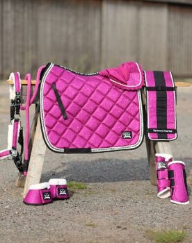 Schabracke Gamaschen Bandagen Glocken Halfter Strick Fliegenhaube pink Glitzer, Franzi, Czapraki, Ebsdorfergrund