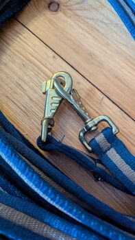 Doppellonge dunkelblau-braun (geschlossen) mit normalen Karabinern in Gold. 17m. Kaum genutzt. Loesdau