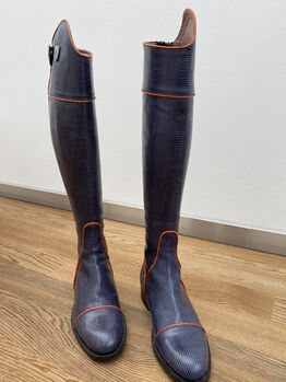 Extravagante blaue Reitstiefel, Gr. 38, Alex Boots (italienischer Reitstiefelhersteller) Modelstiefel, Katrin Herr, Riding Boots, Lemgo