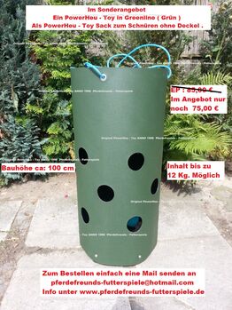 Heunetz, Futterraufe, Rau-futter ,PowerHeu-Toy , PowerToy, PowerHeu-Toy  / PowerToy Greenline in der Größe Standard 8  bis 12 Kg. Als Sack ohne Deckel zum Schnüren., Pferdefreunds-Futterspiele ( Thorsten Puhlmann )  (Pferdefreunds-Futterspiele ORIGINAL PowerToy / PowerHeu-Toy Anno 1998), Pferdefutter, Hitzacker 