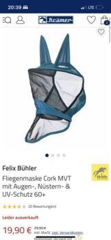 Verkaufe/tausche Felix Bühler fliegenmaske, Felix Bühler  Felix Bühler Fliegenmaske Cork MVT mit Augen-, Nüstern- & UV-Schutz 60+ , Leonie lehmann, Ochrona koni przed owadami , Arensdorf