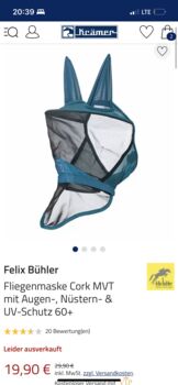 Verkaufe/tausche Felix Bühler fliegenmaske, Felix Bühler  Felix Bühler Fliegenmaske Cork MVT mit Augen-, Nüstern- & UV-Schutz 60+ , Leonie lehmann, Fliegenschutz, Arensdorf