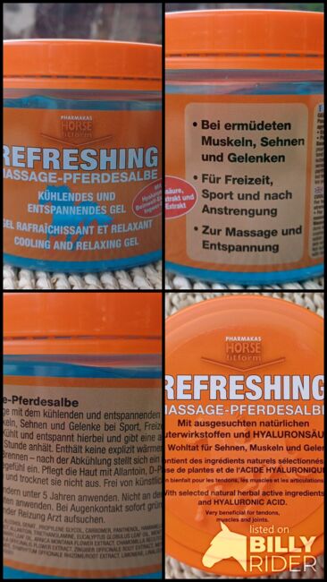 18,95€ AKTION Refreshing Massage Pferdesalbe 500ml 1= 9,48€ 2=18€ 4=34€, Pharmakas Dose 500ml, Reitartikelbörse (Reitartikelbörse - Onlineshop für Wanderreiter), Pielęgnacja konia, Grevenbroich, Image 5