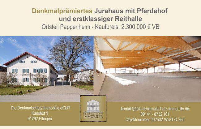 Denkmalprämierstes Jurahaus mit Pferdehof und erstklassiger Reithalle, Die Denkmalschutz Immobilie eGbR Sandra Weckmar, Equestrian Properties, Pappenheim