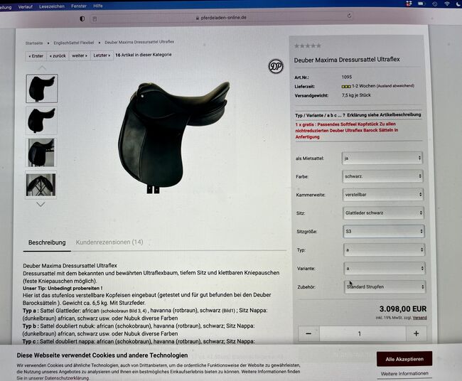 Deuber Maxima Ultraflex S3, Kammer stufenlos, Deuber & Partner Maxima Dressur, Eli, Dressage Saddle, Häuseln am Holz, Image 2
