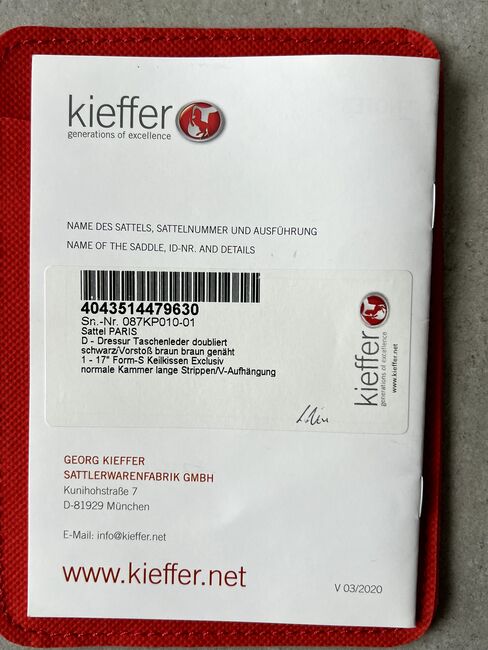 Dressursattel Kieffer Paris 17" in doubliertem Leder, normale Kammer, Kieffer Paris Exclusiv, Gabriele Fiethen, Dressursattel, Zirndorf, Abbildung 3