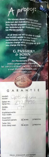 Dressursattel Passier Optimum 17", Passier Optimum, Cordula, Dressursattel, Salzgitter Bleckenstedt, Abbildung 3