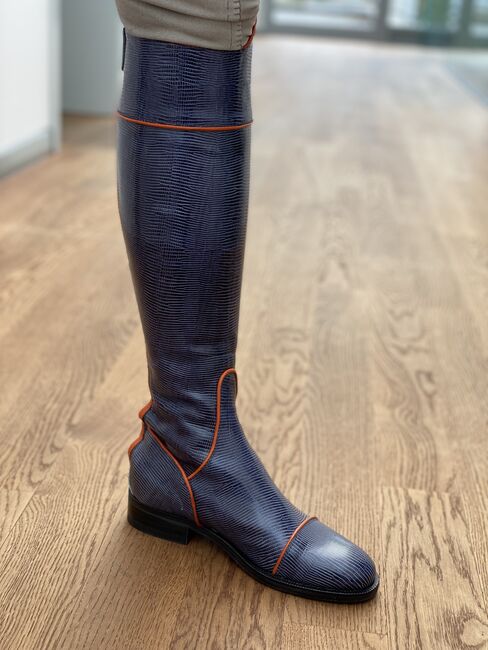 Extravagante blaue Reitstiefel, Gr. 38, Alex Boots (italienischer Reitstiefelhersteller) Modelstiefel, Katrin Herr, Riding Boots, Lemgo, Image 2