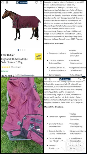 Felix Bühler highneck Outdoor 150 gramm (Größe in 135 und 155), Felix Bühler, Laura , Derki dla konia, Mainburg, Image 5
