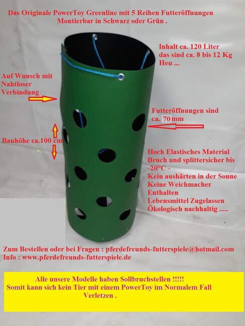 Heunetz , Heusack , Heuraufe , Futtersparnetz , Fressbremse ,, ORIGINAL PowerToy / PowerHeu-Toy  Modell Greenline  R5 in grün oder Schwarz montierbar ., Pferdefreunds-Futterspiele ( Thorsten Puhlmann )  (Pferdefreunds-Futterspiele ORIGINAL PowerToy Anno 1998), Horse Feed & Supplements, Hitzacker , Image 6