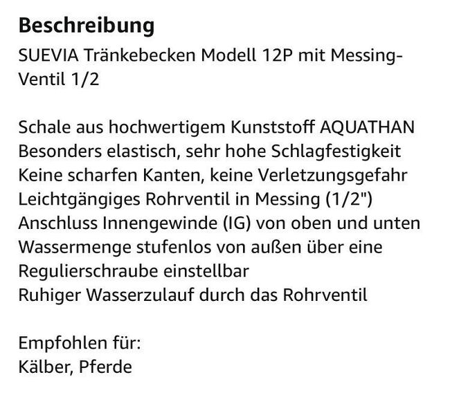 Tränke Tränkebecken, Suevia Modell 12P mit Messing Ventiel 1/2, Verena, Wyposażenie stajni, Au am Rhein, Image 2