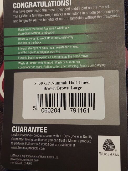 LeMieux Merino Wool GP Numnah Half Lined Brown Large, LeMieux Merino GP Numnah Half Lined, Mia, Other Pads, Norwich, Image 4