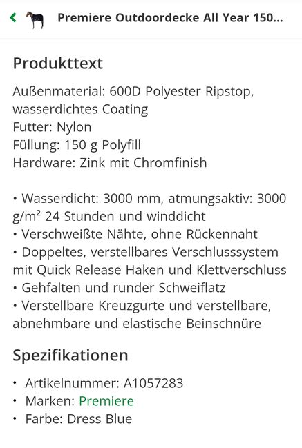 Outdoordecke 145 Regendecke 150 g blau neu OVP, Premiere, Laura B., Derki dla konia, Ulm, Image 6