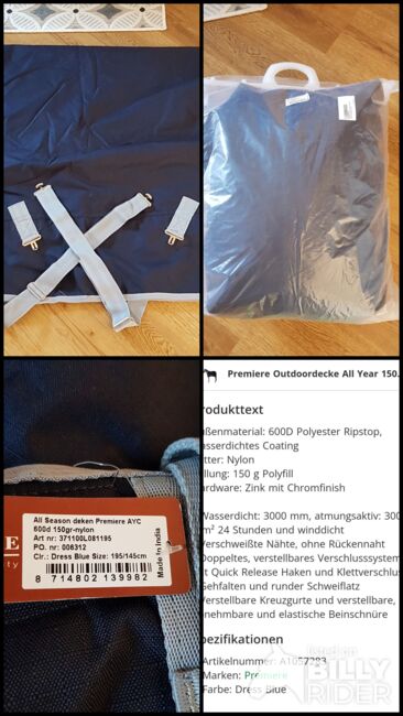 Outdoordecke 145 Regendecke 150 g blau neu OVP, Premiere, Laura B., Derki dla konia, Ulm, Image 7