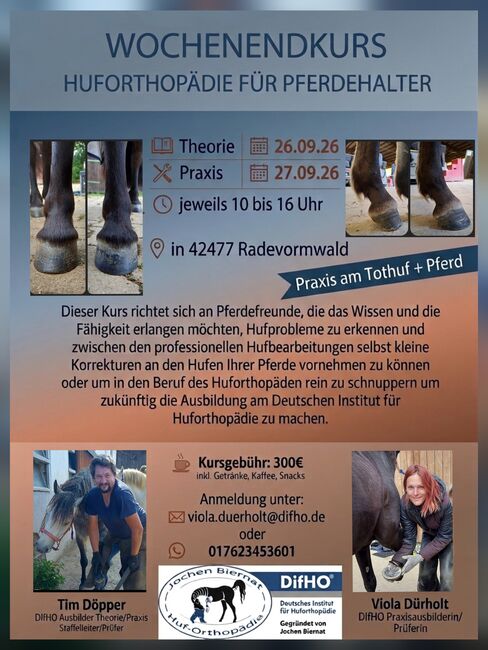 26/27.09.26 Wochenendkurs/ Hufkurs "Huforthopädie für Pferdehalter", Viola, Courses & Seminars, Radevormwald 