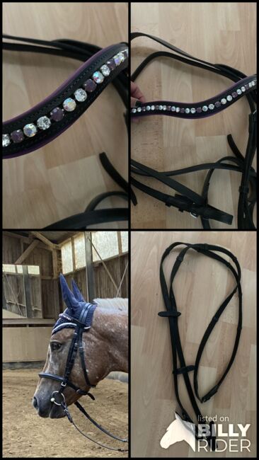 Schwarze Trense WB, lila unterlegt mit Swarovskis, Nadja, Bridles & Headstalls, Müllheim, Image 6